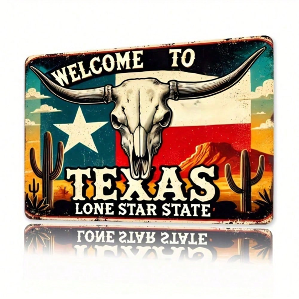 CIFbuy Vintage Texas Welcome Sign 8x12 Inch Aluminum Wall Decor, Rustic Bull Skull & Cactus 2D Flat Metal Plaque For Home Office Bedroo TikTok, TikTok, Self-pickup Logiopics