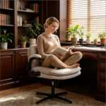 Beige Faux Leather Rocking Computer Chair, Height Adjustable Home Office Chair with Tension Control, Space‑Saving Flip Armrest Task Chair for Study Vanity Use - Image 6