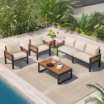 GO 4-Piece Outdoor Furniture Sofa Set for 5 People with Acacia Wood Armrests, Patio Conversation Set with Removable Cushion and Solid Wood Coffee Table for Garden,Beige - Image 11