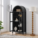 A high arched storage cabinet with a lamp, a modern retro-style wooden storage cabinet with adjustable glass partitions, suitable for use as a multi-functional cabinet in kitchens-Black - Image 11