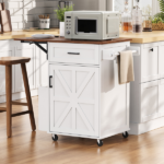 39.3" Farmhouse Kitchen Island with Drop Leaf, Kitchen Storage Island with Open Side Rack, One Drawer, Towel Rack, Rolling Kitchen Cart with Lockable Wheels for Lawn Garden, White - Image 2