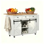 2 Barn Doors with Sliding Rails 3 Drawers 3 Shelves Serving Cart Rubberwood Countertop + MDF Cabinet Dining Cart 47.24*29.49*35.08in White - Image 3