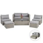 2pcs armless sofa + 2pcs footstool + 1pcs double sofa + 1pcs coffee table with storage, gray gradient rattan, gray cushion, rattan multi-piece set