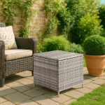 Outdoor PE Wicker Side Table with Storage, Patio Rattan End Table Square Container for Furniture Covers, Toys and Gardening Tools, Grey - Image 3