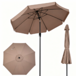 Brown 10ft Scalloped Patio Umbrella with Push‑Button Tilt, Vented Outdoor Market Parasol with Crank Lift, Fiberglass Ribs Sun Shade for Backyard Deck Poolside