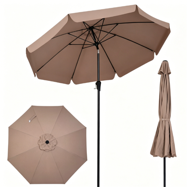 Brown 10ft Scalloped Patio Umbrella with Push‑Button Tilt, Vented Outdoor Market Parasol with Crank Lift, Fiberglass Ribs Sun Shade for Backyard Deck Poolside