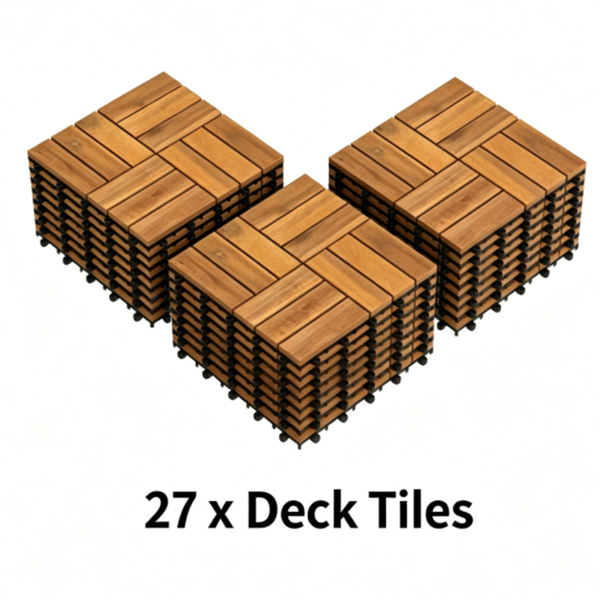 27 PCS Natural Acacia Wood Interlocking Deck Tiles, 12"×12" Waterproof Anti‑Slip Outdoor Flooring with PP Drainage Base for Patio Balcony Bathroom