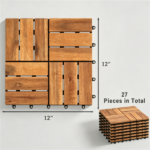 27 PCS Natural Acacia Wood Interlocking Deck Tiles, 12"×12" Waterproof Anti‑Slip Outdoor Flooring with PP Drainage Base for Patio Balcony Bathroom - Image 3