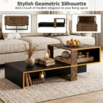 2-Tier Modern Geometric Coffee Table Engineered Wood Low Center Table with Storage Shelf, Waterproof Surface Cross Base Accent Table for Living Room Tea Game Work - Black & Brown - Image 6