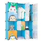 4-Layer 12-Grid 2-Hanging Rod Magic Cube Wardrobe, Plastic + Steel Wire Material with Animal Pattern, Pattern Door Blue Cabinet - Image 12