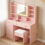 LED Tri-Color Lighting Dressing Table Set Particleboard with Textured Melamine Finish Dressing Table with Power Strip 5-Drawer Dressing Table with Shelves and Hooks 47.24*15.75*53.54in Apple Pink - Image 8