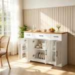 White 47" Farmhouse Buffet Cabinet, Soft-Close Hinges, 3 Drawers, Adjustable Shelves, Spice Racks Sideboard - Image 6