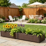 46" Outdoor Woven Raised Planter Box, Weather Resistant Rattan Garden Container with Adjustable Feet for Balcony Porch Flower Growing - Image 6