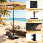 Black Fillable Umbrella Base with Wheels & Brakes, Heavy‑Duty Water/Sand Filled Patio Umbrella Stand with 3 Adapters for 1.3‑1.9" Poles - Image 5