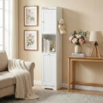 White melamine-faced particleboard, vertical grain, 40*40*180cm, 1 door + bottom flip-down drawer with non-woven storage bag, bathroom tall cabinet - Image 5