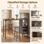 3PCS Bar Table & Stools Set, Wine Storage (6 Bottles + Wine Glass Holder), Oak - Image 9