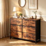 8 Drawers Fabric Cabinet Metal Frame Wide Wood Top Storage Tower TV Stand Clothes Organizer for Bedroom Living Room,Rust Brown