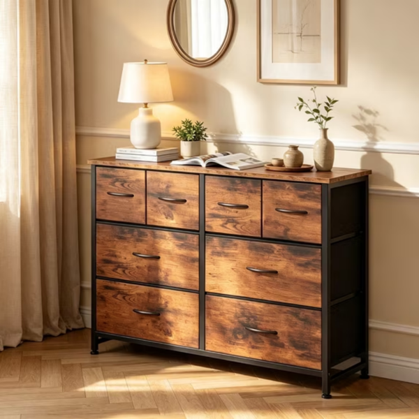 8 Drawers Fabric Cabinet Metal Frame Wide Wood Top Storage Tower TV Stand Clothes Organizer for Bedroom Living Room,Rust Brown