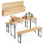 47" Foldable Picnic Table with 2 Benches, Solid Fir Wood Outdoor Dining Set with Sturdy Metal Frame for Patio Garden Backyard