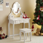 Kids Vanity Set with Mirror and Lights and Stool, 5 Storage Drawers, Pretend Play Princess Makeup Desk Dressing Table and Stool Set for Little Girls Age 3+, Macaroon White - Image 6