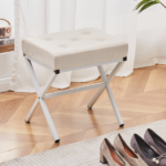 Ottoman Foot Stool Tufted Vanity Stool Ottomans Thickened Cushion Footstool Shoe Changing Seat Step Stools with Metal X Leg for Living Room Bedroom White - Image 4