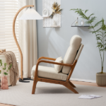 Same Code 47026089 High Back Solid Wood Armrest Backrest Iron Frame Linen Indoor Leisure Chair Off-White - Image 19