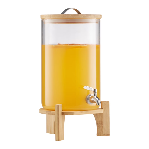 2.2 Gallon Glass Beverage Dispenser with Wooden Stand, Stainless Steel Spigot, Ideal for Serving Iced Tea, Lemonade, Juice, and Water at Gatherings