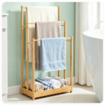  Solid Bamboo Freestanding Towel Rack with 3 Staggered Hanging Bars & Slatted Bottom Storage Shelf, Waterproof Bathroom Towel Drying Holder with Side Stabilizer Bars Rounded Edges Natural Wood Finish - Image 7