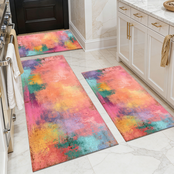 74741dcc-95fa-4ade-b2bc-4ecab20a3e30.png Three-piece kitchen rug set, non-slip and washable, abstract pattern kitchen hallway rug, soft and comfortable, suitable for sinks, floors, entrances, hallways and bathrooms. - Image 1