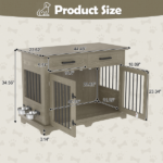 44.48" Large Dog Crate Furniture, Indoor Wooden Dog Kennel End Table with 2 Storage Drawers and Rotating Bowls, Decorative Pet Cage Dog House for Medium Dogs, Gray - Image 8