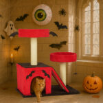 26" Gothic Cat Tree, Cat Tower with Spacious Cat Condo, 2 Padded Perches, Spider Toy, Scratching Posts, Scratching Ladder for Large Cats, Red & Black - Image 10