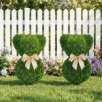 2 Pack Whimsical Bear Topiary Trees Artificial Boxwood Greenery with Golden Bows for Indoor Outdoor Spring Decor - Image 8
