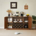 58" Modern Wavy Curve Sideboard-Multifunctional storage cabinet with wine rack and glassware holder, adjustable shelves for wine storage and coffee bar, suitable for kitchens and dining rooms.Walnut - Image 4