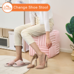 Square Ottoman Foot Stool Corduroy Vanity Chair Bench with Padded Woven Footrest for Entryway Living Room Hallway Pink - Image 4
