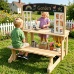 Natural Wooden Kids Mud Kitchen Playset with Bench & Removable Sink, Complete Cookware Accessories Pretend Play Kitchen for Toddlers 3+ - Image 9