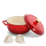 Cast iron 5QT cooking pot - Gradient red - Includes two silicone gloves - Enamel pot - Image 4