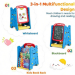 Blue 3-in-1 Kids Double Sided Art Easel, Magnetic Whiteboard & Chalkboard Standing Drawing Board with Adjustable Height Angle, Storage Tray Book Rack Complete Painting Accessories PP Play Easel Gift - Image 5
