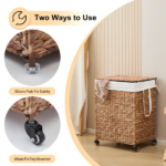 100L 2-Section Laundry Hamper with Lid and Wheels, Woven Natural Water Hyacinth Rolling Laundry Hamper - Image 5