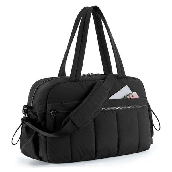 Black large capacity slit fluffy shoulder bag, waterproof portable luggage tote bag, multi zipper pocket design, sports and fitness travel handbag