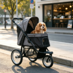 Gray 3-Wheel Pet Stroller – for Small & Medium Dogs, Adjustable Canopy, Safety Tether, Storage Basket - Image 5