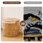 145L Round Laundry Hamper with Lid, Woven Natural Water Hyacinth Laundry Hamper - Image 5