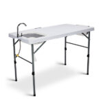 50" Folding Fish Cleaning Table with Sink, Bi-Folding Portable Camping Sink Station with Drain Hose, Trash Can, Foldable Outdoor Sink for Camping, Fishing, BBQ - Image 2