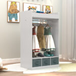 Kids Costume Organizer Costume Rack Kids Armoire Open Hanging Armoire Closet with Mirror-WHITE - Image 16