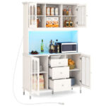 73 Inch White Kitchen Pantry Cabinet with Customizable LED Lights & Built-in Charging Station (USB/Type-C/AC Outlets)