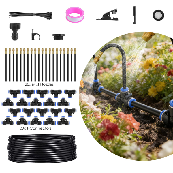 Garden Drip Irrigation Kit with 360° Bendable Misting Nozzles Automatic Garden Automatic Watering System for Garden Lawn Greenhouse Flower Bed Greenhouse Patio Lawn Cooling