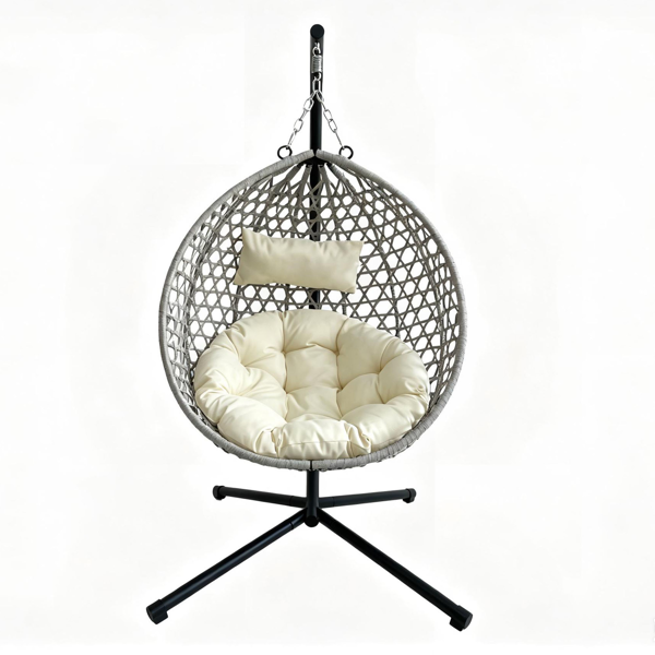 Foldable Hanging Egg Chair with Stand, HDPE Rattan Wicker Swing Chair with Cushion, Heavy Duty Frame 350 Lbs Capacity, Outdoor Patio Indoor Bedroom Balcony, Beige+Gray