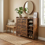 Shoe cabinet with 2 doors, 5 open compartments, and a tabletop with a back panel; made of MDF; 116*35.5*107cm; weathered wood color - Image 4