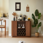 58" Modern Wavy Curve Sideboard-Multifunctional storage cabinet with wine rack and glassware holder, adjustable shelves for wine storage and coffee bar, suitable for kitchens and dining rooms.Walnut - Image 3