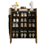 42.5" Tall Rattan Shoe Cabinet with Doors, 6-Tier Wooden Freestanding Shoe Storage Organizer with Adjustable Shelves, Mid-Century Entryway Shoe Cabinet for Hallway & Living Room--Walnut - Image 10