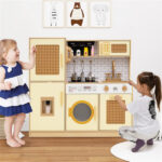Kids Wooden Kitchen Playset 3+ with Fridge Sink Washing Machine with Realistic Light Sound Rattan Doors - Yellow - Image 7